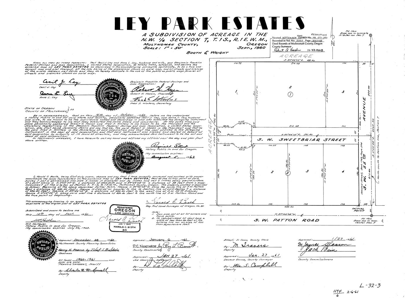Ley Park Estates subdivision plat, September 1960. Booth & Wright Survey Co.